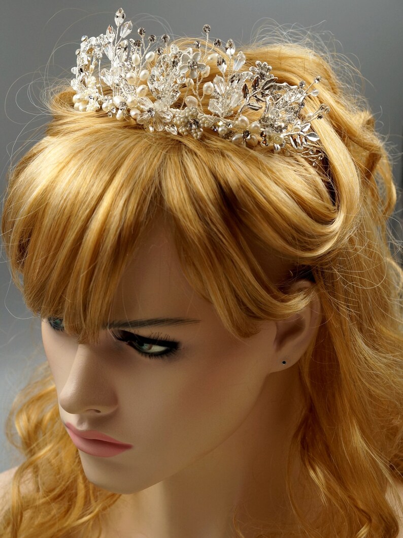 Silver Leaf Wedding Tiara HMH009 Flower Crown Floral Bridal Tiara Freshwater Pearl Wedding Tiara Silver Wedding Crown Bridal Leaf Crown