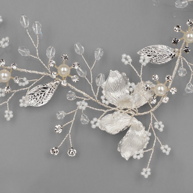 Silver Hair Vine Bridal Hair Vine Silver Headpiece Rustic Bridal Headpiece Pearl And Crystal Hair Vine HMH03794