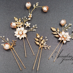 Bridal Hair Pins Gold, Floral Wedding Hair Pins, Rose Gold Flower Pearl & Crystal Wedding Pins, Wedding headpieces, Satin Silver Flower 199