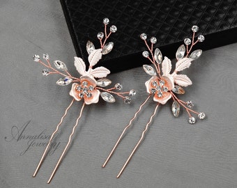 Set of 2 Crystal Wedding Hair Pins Rose Gold, Floral Wedding Hair Pins, Wedding headpieces, Flower Bridal Hair Comb Hair Accessories 30045