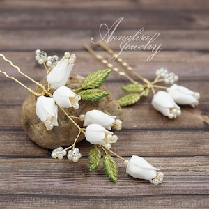 Set of 2 Flower Gold Hair Pins, Floral Wedding Bridal Hair Pins, White Pearl Clear Crystal  Clay Flower Green leaf Pins Hair Accessories 004