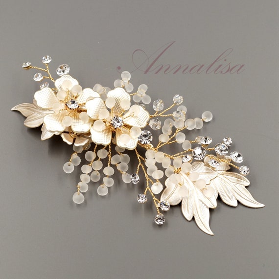 Gold Bridal Hair Clip, Bridal Hair Comb Floral, Crystal Hair  display picture 3