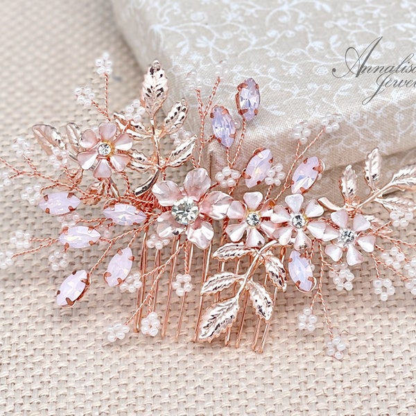 Bridal Hair Comb Rose Gold, Floral Hair Comb, Crystal Hair Comb, Crystal Hair Clip, Wedding Headpiece, Blush Pink hair Accessories Flower