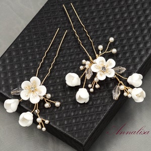 Set of 2 Bridal Hair Pins Gold, Floral Wedding Hair Pins, Flower Pearl & Crystal Wedding Pins, Wedding headpieces, White Clay Flower 020820
