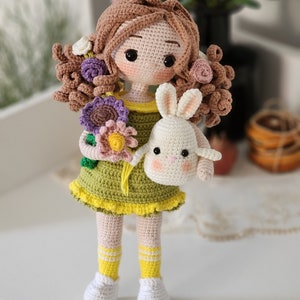 Crochet Doll Pattern with Bunny, Amigurumi Girl with Curly Hair and Flowers, PDF Digital Download, Handmade Toy Gift Idea