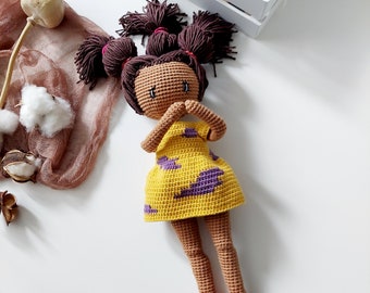 African American Crochet Doll Pattern, Dark skin Susie Black doll, Black skin crochet little doll Tutorial