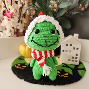 The Christmas thief Crochet Pattern, Christmas Amigurumi Pattern, Crochet green villain, Holiday Plush with Santa Hat & Scarf