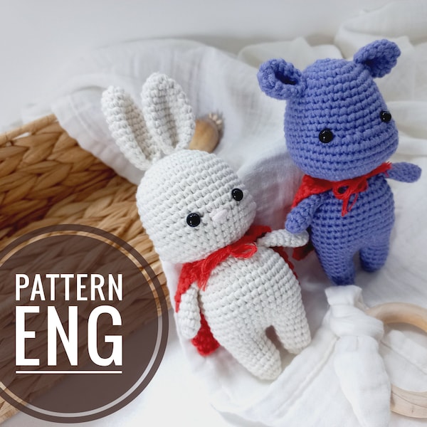 Crochet Amigurumi Pattern, Mini Hippo & Crochet Bunny Pattern, Amigurumi Rabbit Pattern, Tutorial, PDF Amigurumi