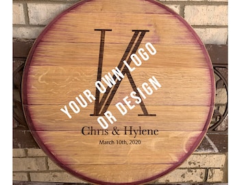 Your Own Logo or Wedding Monogram on Reclaimed Wine Barrel Top - Alternative Guest Book Engrave or Color Print - Wine Barrel Guest Book