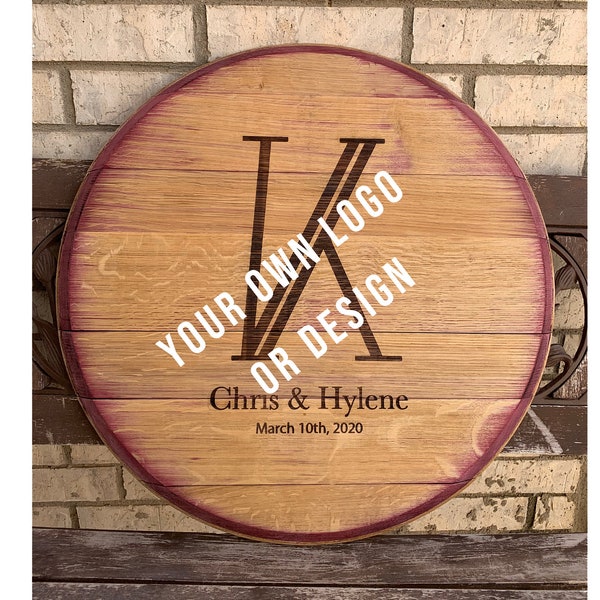 Your Own Logo or Wedding Monogram on Reclaimed Wine Barrel Top - Alternative Guest Book Engrave or Color Print - Wine Barrel Guest Book