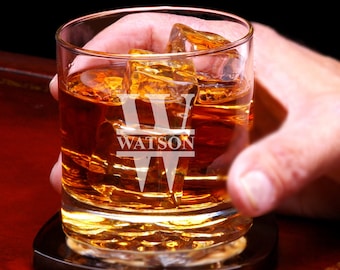 Split Monogram Engraved Whiskey Glass - Groomsmen Gifts for Bachelor Trip - Rehearsal Dinner