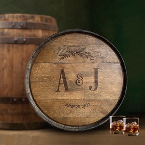 Authentic Whiskey Barrel Head with Hoop and Stave - Wedding Guest Book Alternative - Reclaimed Bourbon Whiskey Barrel Head