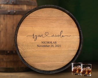 Alternative Guest Book with Couples Names Date and Heart - Reclaimed Whiskey Barrel Top with Ring and Staves