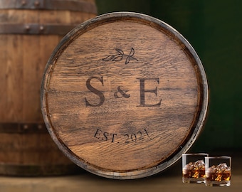 Whiskey Barrel Lid with Iron Strap and Personalized Initials - Engraved Wedding Guest Book Alternative