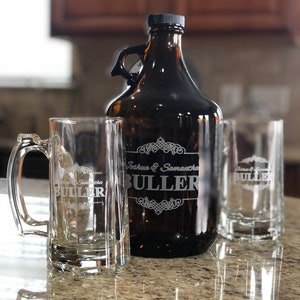 Engagement Gifts for Couple Personalized Engraved Growler Add Glasses to make a Custom Beer Growler Set image 1