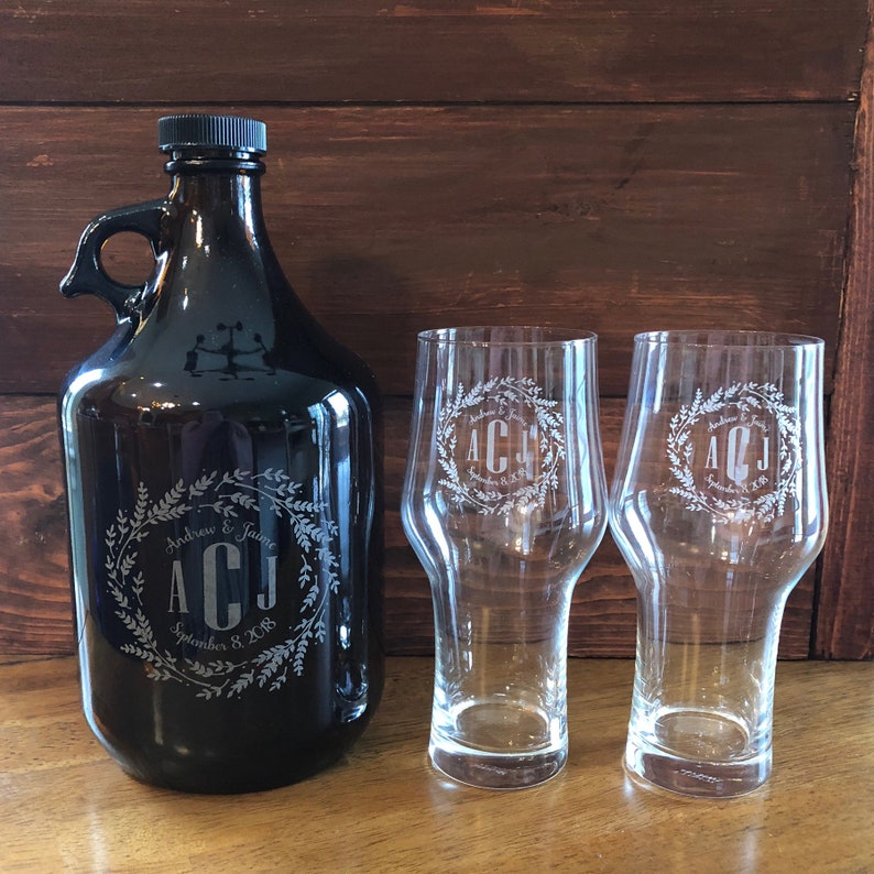 Engagement Gifts for Couple Personalized Engraved Growler Add Glasses to make a Custom Beer Growler Set image 5