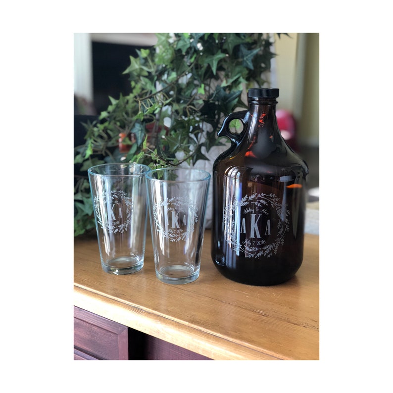 Engagement Gifts for Couple Personalized Engraved Growler Add Glasses to make a Custom Beer Growler Set image 4