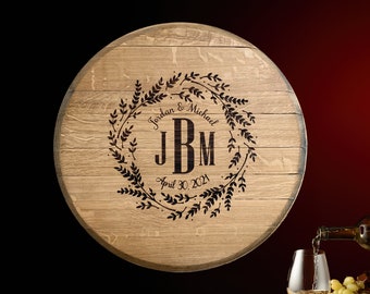 Personalized Reclaimed Wine Barrel Head Wedding Guestbook: Monogram Wreath Decor