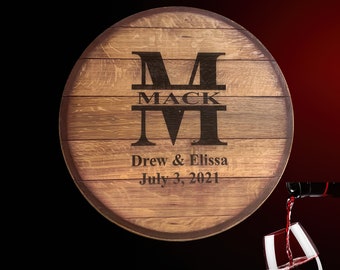 Personalized Wine Barrel Head: Split Letter Monogram Guest Book Alternative