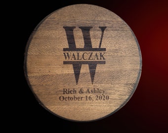 Engraved Wine Barrel Head: Split Letter Monogram Wedding Guest Book