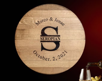 Custom Guest Book Personalized Wine Barrel Head - Wedding Guest Book Alternative -  Bride and Groom Gift - Split Letter Monogram Design