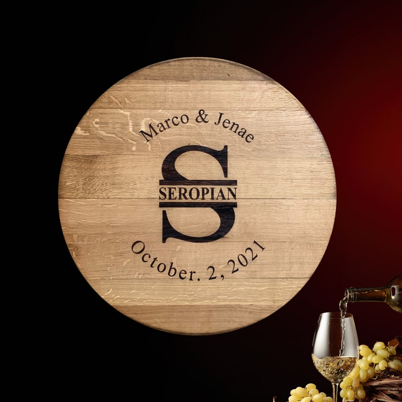 Custom Guest Book Personalized Wine Barrel Head Wedding Guest Book Alternative Bride and Groom Gift Split Letter Monogram Design image 1