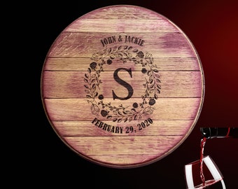 Reclaimed Wine Barrel Head Wedding Guest Book: Custom Monogram Wood Sign