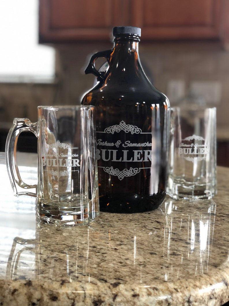 Engagement Gifts for Couple Personalized Engraved Growler Add Glasses to make a Custom Beer Growler Set image 1