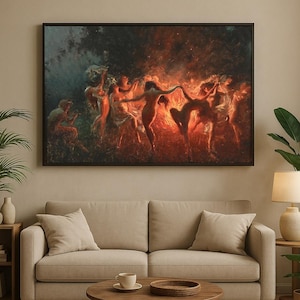 Puede incluir: Una obra de arte enmarcada representa a un grupo de figuras bailando alrededor de un fuego. La pintura utiliza tonos cálidos de naranja y rojo para crear una atmósfera ardiente. Las figuras están desnudas o parcialmente vestidas, con un fondo oscuro.