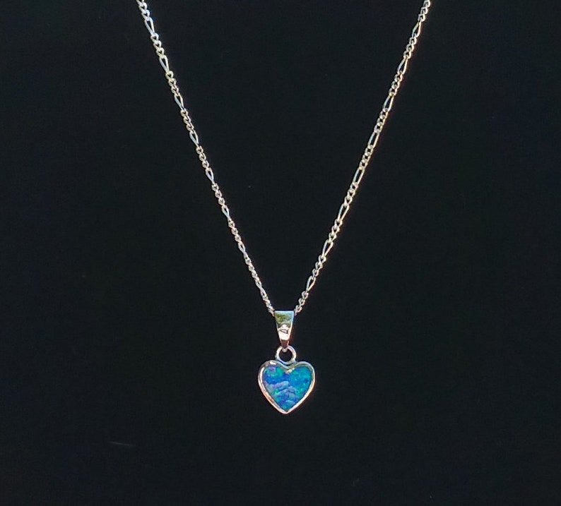 Sterling Silver .925 Blue Opal Heart Pendant+Sterling Silver Figaro Or Cable Chain Necklace For Woman Teens 925