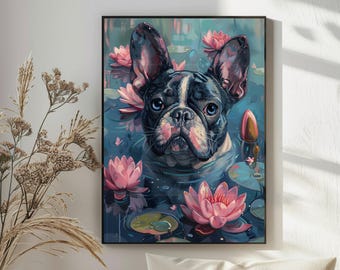 Whimsical Frenchie Lily Pond Print – Monet‑Style Impressionist Dog Wall Art for Dog Lovers Oil Painting Print Giclée Minimalist Watercolor