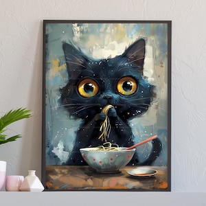 Cat Eating Ramen Noodles Vintage Poster, Funny Black Cat Wall Art, Kitchen Decor, Japanese Inspired Cat Art Print, Unique Cat Lover Gift