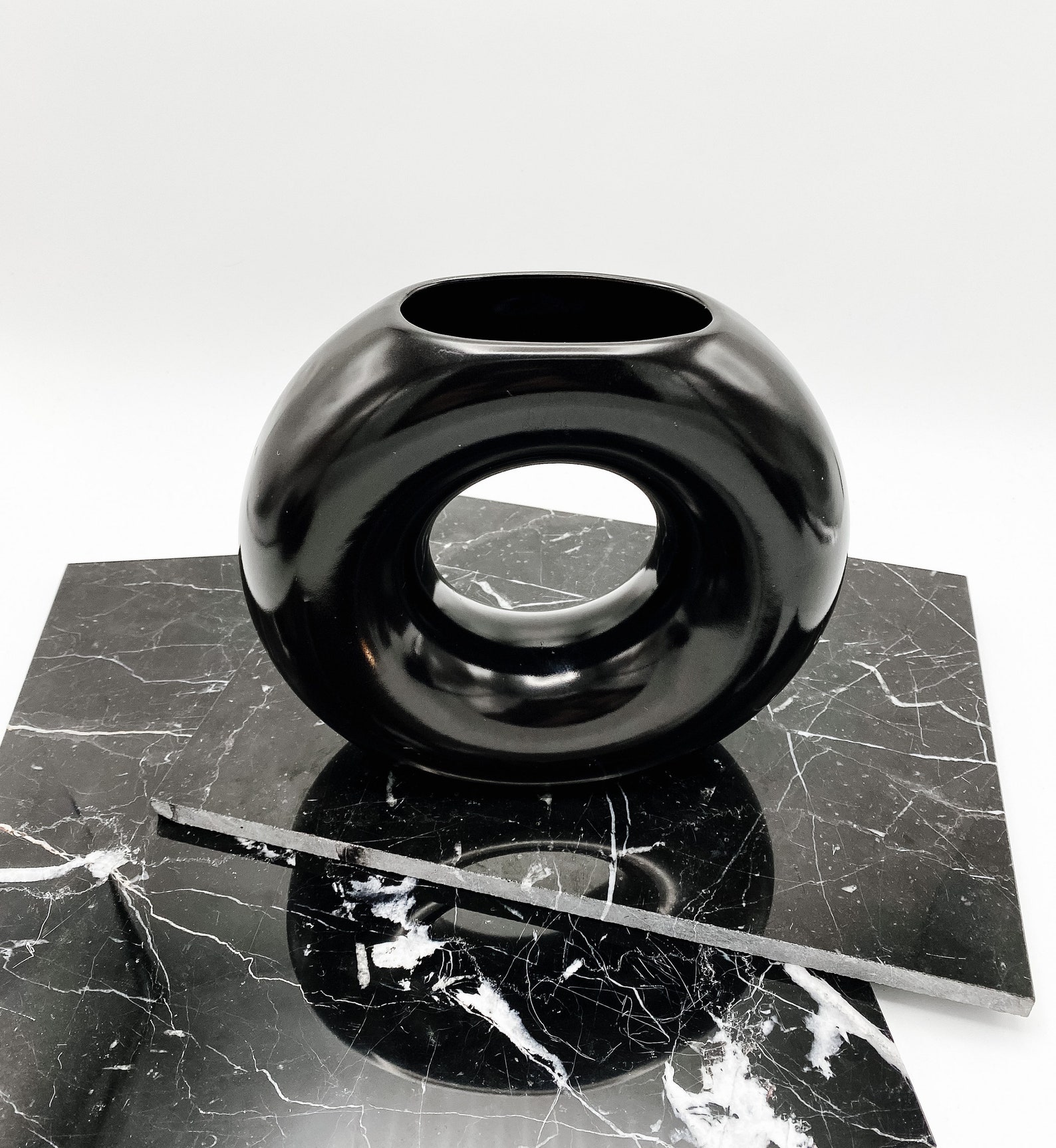 Vintage Ceramic Glossy Dark Gray Donut Ikebana Vase 80s Vase Etsy