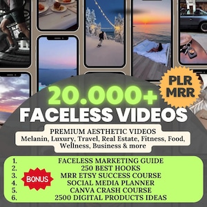 May include: A green and yellow graphic with the text "20,000+ PLR MRR FACELESS VIDEOS" and the text "PREMIUM AESTHETIC VIDEOS Melanin, Luxury, Travel, Real Estate, Fitness, Food, Wellness, Business & more". The graphic also includes a list of items: "FACELESS MARKETING GUIDE", "250 BEST HOOKS", "MRR ETSY SUCCESS COURSE", "SOCIAL MEDIA PLANNER", "CANVA CRASH COURSE", "2500 DIGITAL PRODUCTS IDEAS".