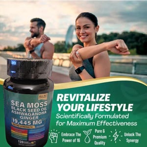 May include: A black bottle of Sea Moss supplement with the text "Sea Moss Black Seed Oil Ashwagandha Ginger 19,445 MG Extra Strength". The bottle is in front of a background of two people exercising. The text "Revitalize Your Lifestyle" is also visible.