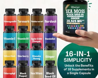 Sea Moss 7000mg Black Seed Oil 4000mg Ashwagandha 2000mg Turmeric 2000mg Bladderwrack 2000mg Burdock 2000mg & Ginger Vitamin C, Elderberry