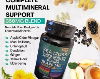 Extra Strength Sea Moss Black Seed Oil, Ashwagandha, Burdock Root 19,798mg (2 Month Supply)