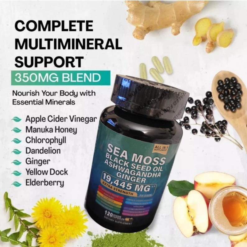 May include: A black bottle of Sea Moss supplement with the text "Sea Moss Black Seed Oil Ashwagandha Ginger 19,445 MG Extra Strength". The image also includes ingredients like apple cider vinegar, manuka honey, and ginger.