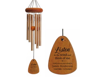 Personalized Memorial Wind Chime | Listen to the wind and think of me | Sympathy Gift | Engraved Solid Wood | Made in USA