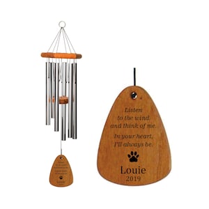 May include: A wooden wind chime with a paw print and the text "Listen to the wind and think of me. In your heart, I'll always be. Louie 2019"