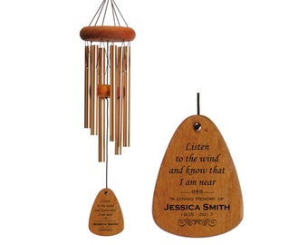 Personalized Memorial Wind Chime | Listen to the Wind Know I am Near | Sympathy Gift | Bereavement | Engraved Solid Wood | Made in USA