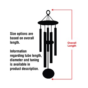 May include: Black wind chime with multiple tubes hanging from a round top. The chime is suspended from a hook. Size options are based on overall length. Information regarding tube length, diameter and tuning is available in product description.