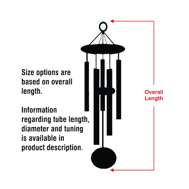 May include: Black wind chime with multiple tubes hanging from a round top. The chime is suspended from a hook. Size options are based on overall length. Information regarding tube length, diameter and tuning is available in product description.