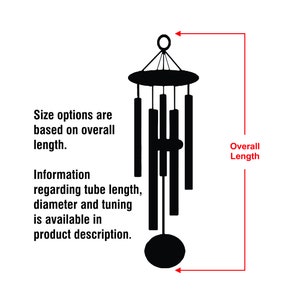 May include: Black wind chime with multiple tubes hanging from a round top. The chime is suspended from a hook. Size options are based on overall length. Information regarding tube length, diameter and tuning is available in product description.