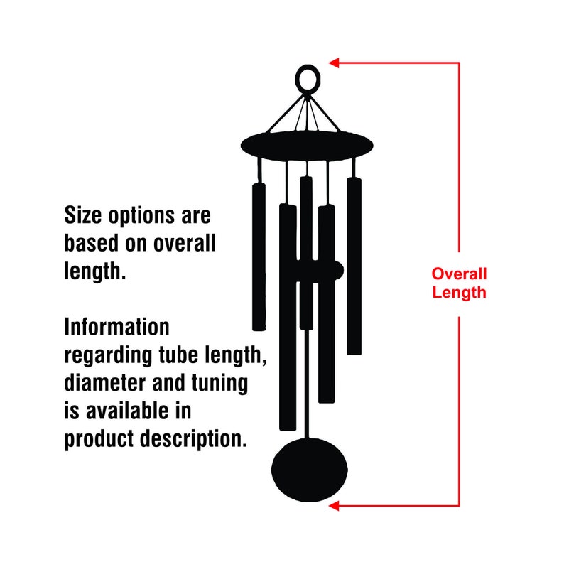 May include: Black wind chime with multiple tubes hanging from a round top. The chime is suspended from a hook. Size options are based on overall length. Information regarding tube length, diameter and tuning is available in product description.