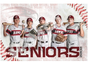 May include: Five baseball players wearing white jerseys with red and black accents stand in a line. The jerseys say "Hawks" on the front. The players are holding baseball bats and gloves. The background is a white wall with a red and white baseball pattern. The text "SENIORS 2022" is at the bottom of the image.