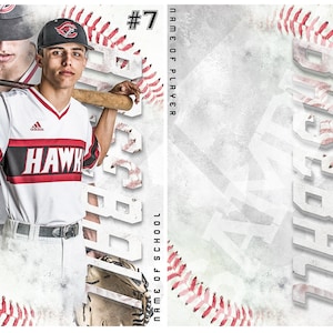 May include: A baseball player in a white and red jersey with the word "HAWK" on the front, holding a baseball bat. The player is wearing a black baseball cap with a red logo. The background is a white and red baseball themed design with the text "Baseball" and "NAME OF SCHOOL".