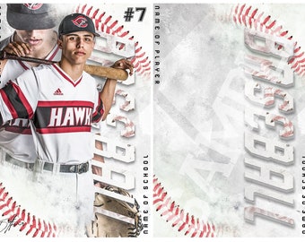 May include: A baseball player wearing a white and red jersey with the word "HAWK" on the front, holding a baseball bat. The player is wearing a black baseball cap with a red logo. The background is a white and red baseball themed design with the text "Baseball" and "NAME OF SCHOOL".