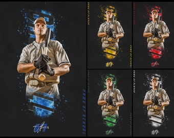 May include: A baseball player in a white uniform with a blue, yellow, green, or black and white background. The player is holding a bat and looking up. The text "NAME OF PLAYER" and "NAME OF SCHOOL" are visible on the image.