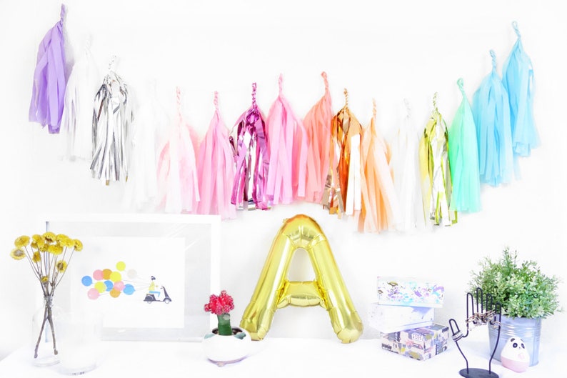 Unicorn Tassel Garland tissue paper fringe tassel banner Rainbow Metallic image 1